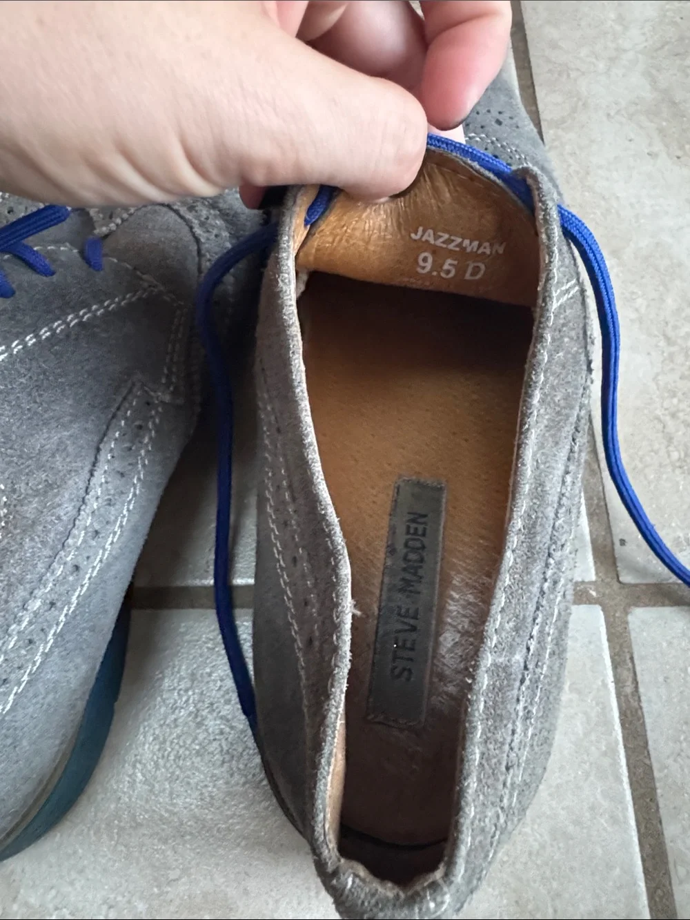 Men's Gray Suede Wingtip Oxfords with Blue Laces